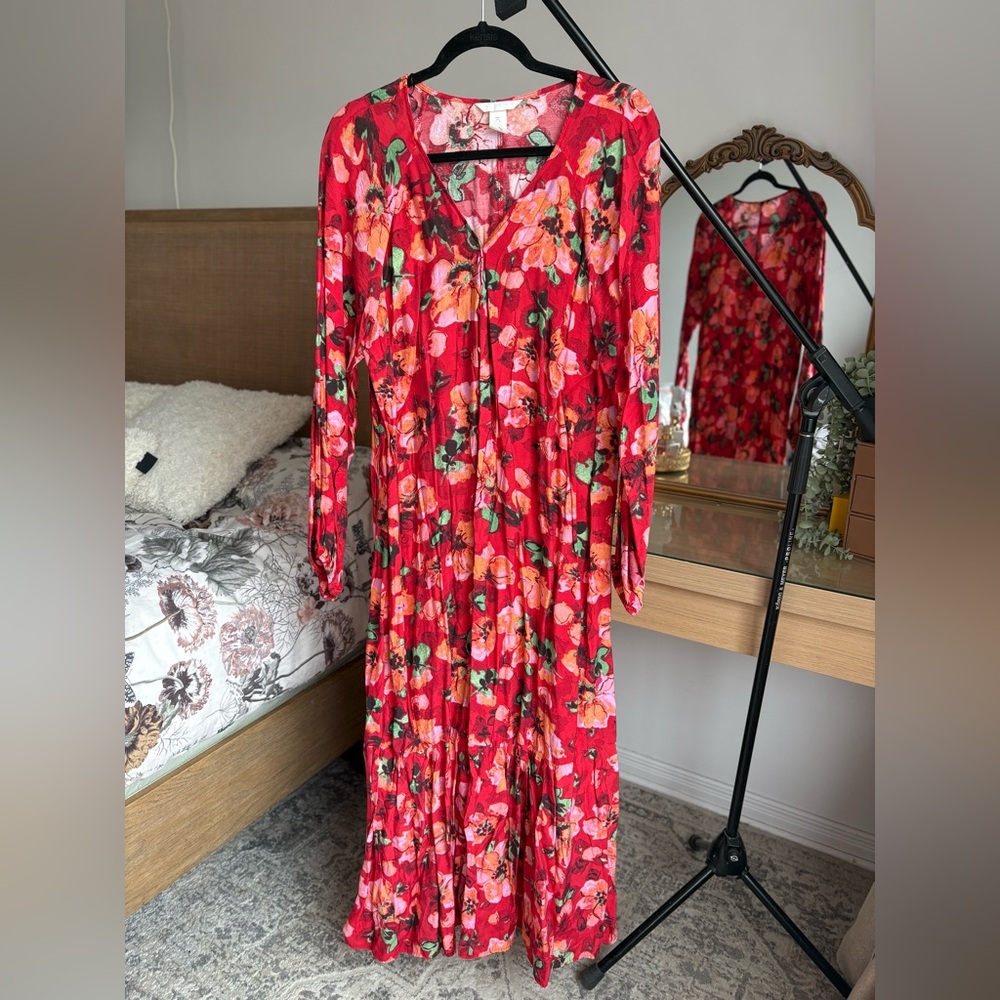 H&M Red Floral Long Sleeve Maxi Dress